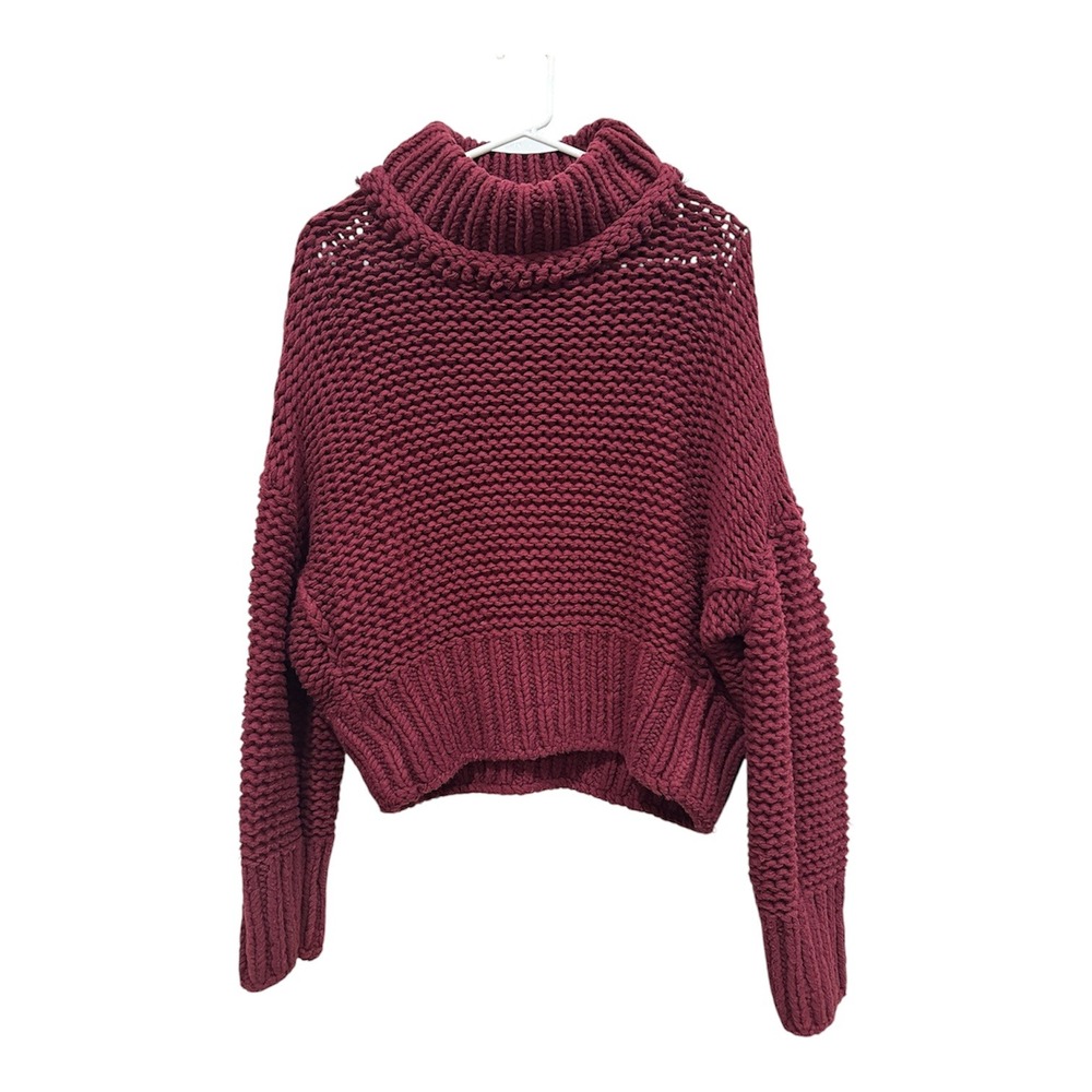 Free People Burgundy Chunky Knit Turtleneck Cropped Sweater Womens Maroon